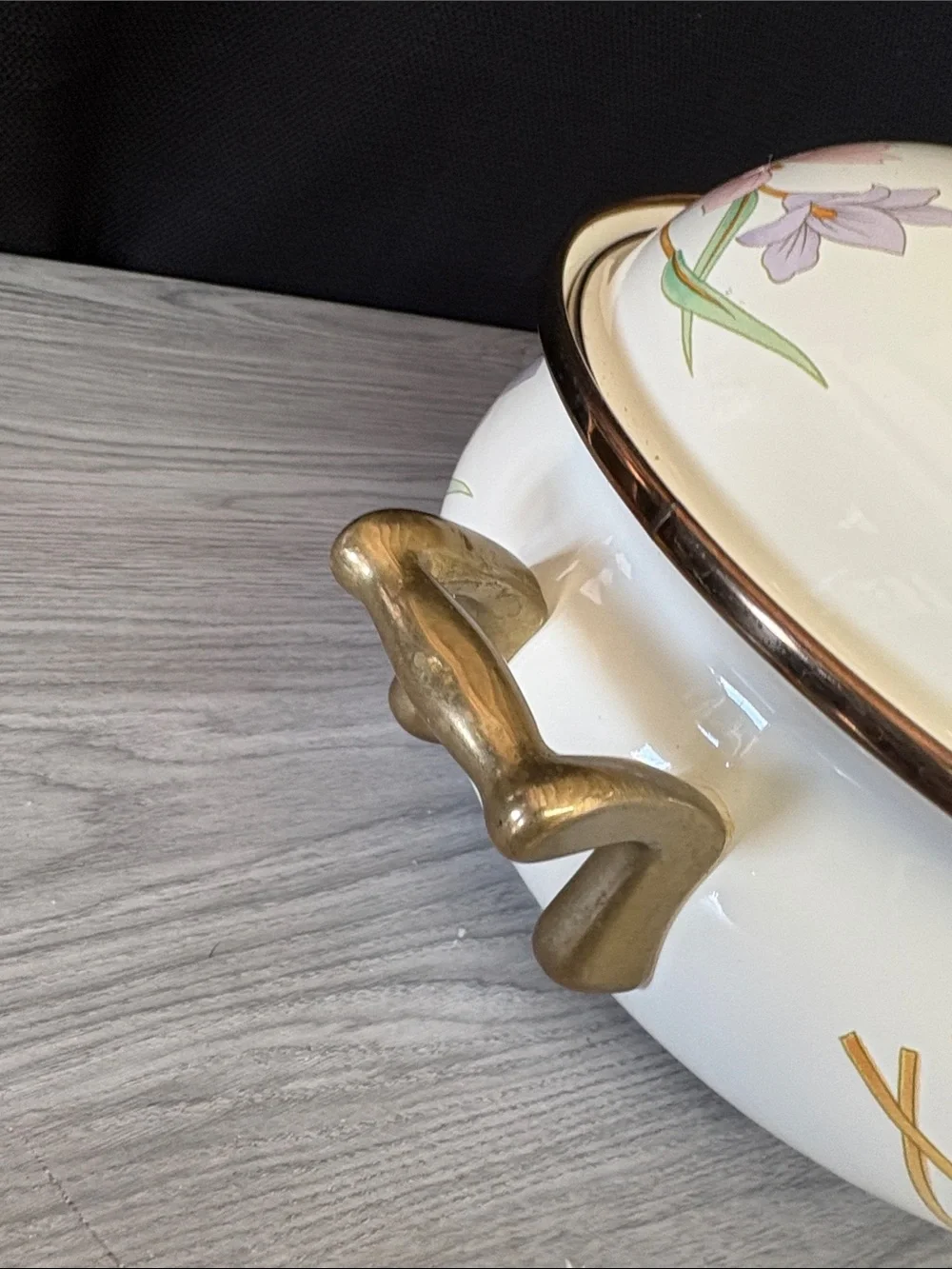 Cream Floral Enamel Pot with Brass Accents